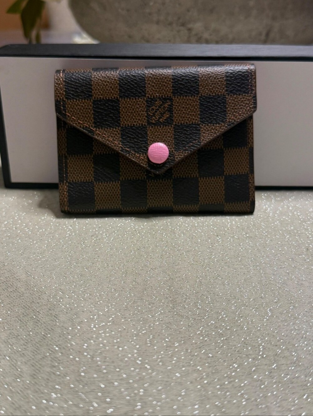 Checkered Envelope Wallet with Pink Snap Closure